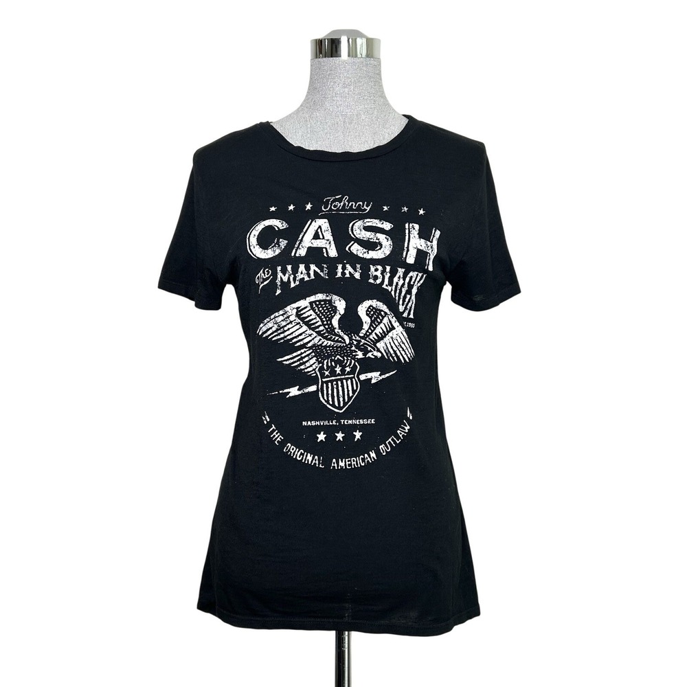 Johnny Cash T Shirt Womens Medium Zion Rootswear Tee Faded Black White Graphic